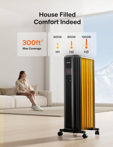 PELONIS Oil Filled Radiator, Electric Space Heater for Indoor Use Large Room with Thermostat & Remote, 3 Modes & 3 Heat Settings, ECO Mode, 24H Timer, Quiet, Overheat & Tip-Over Protection, 1500W Premium with LED Display Black
